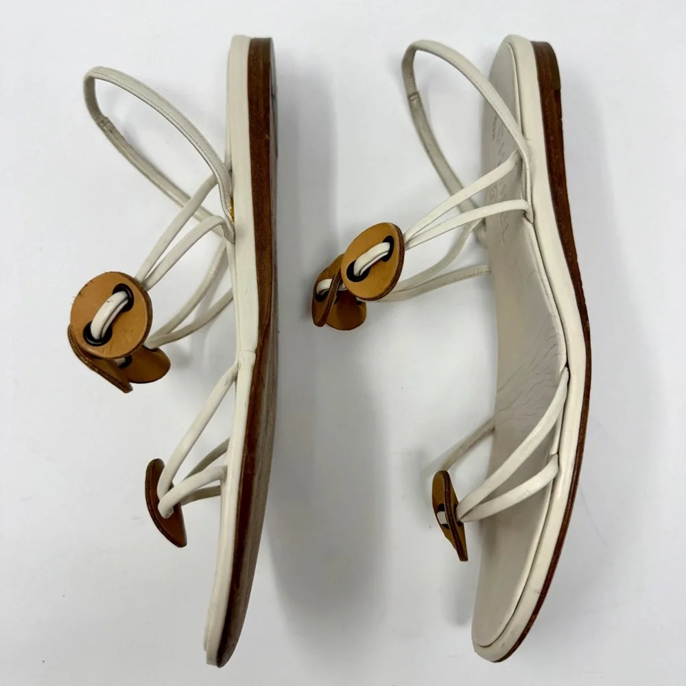 Chanel Flat Thong Sandals Cream with Brown Leather Medallions